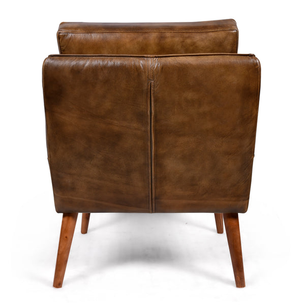 William Genuine Leather Armchair in Antique Brown with Wooden Legs