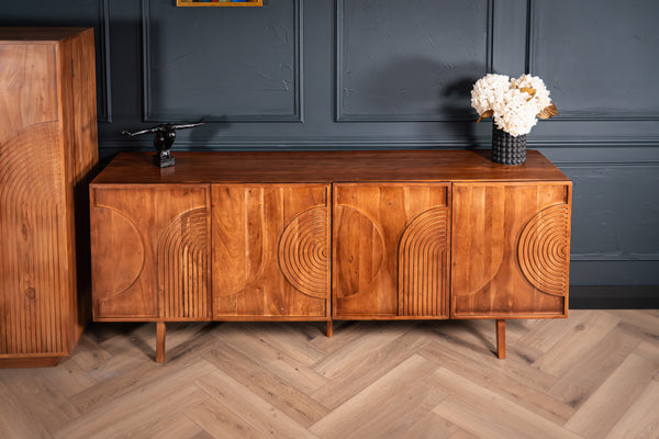 Manhattan Solid Acacia Wood Large Sideboard with Carved Circular Grooves in Natural Brown 200cm