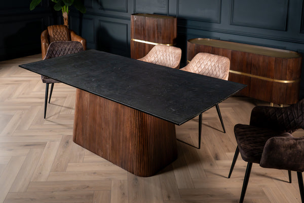 Portofino Mango Wood Dining Table with Black Mosaic Wooden Top and Fluted Base 200 cm