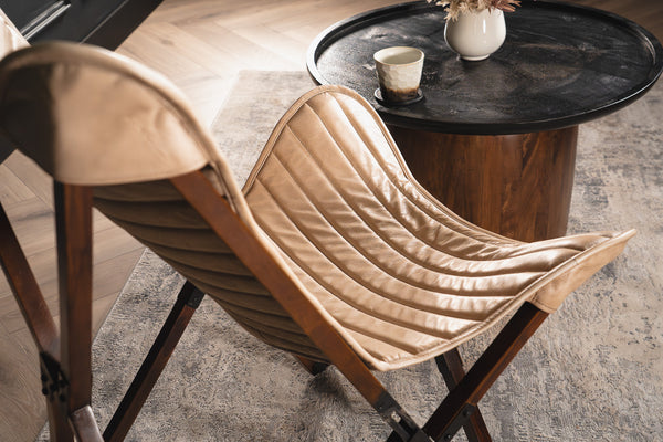 Butterfly Retro Style Genuine Leather Lounge Chair in Beige with Wooden Foldable Frame