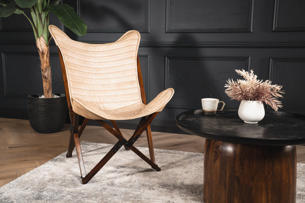 Butterfly Retro Style Genuine Leather Lounge Chair in Beige with Wooden Foldable Frame