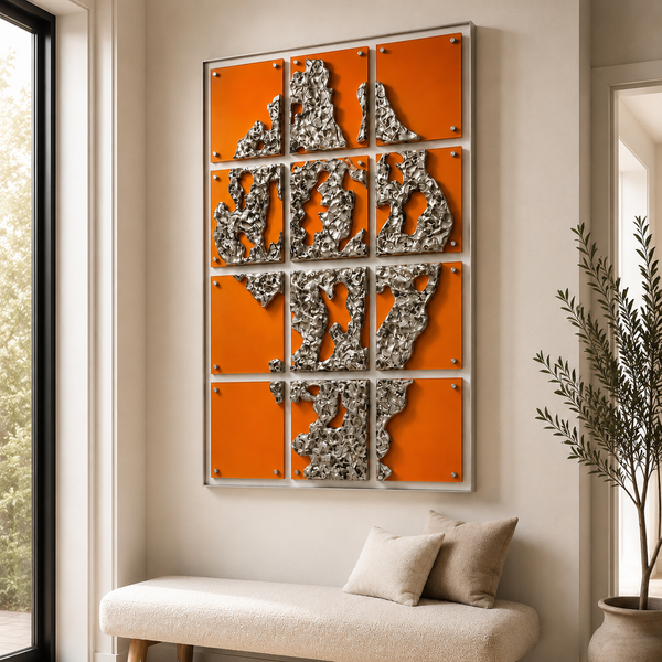 Large 3D Textured Acrylic Wall Art - Abstract Orange & Silver Luxury Wall Decor 80 x 120cm