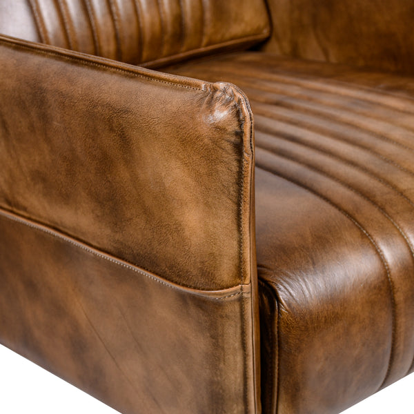 William Genuine Leather Armchair in Antique Brown with Wooden Legs