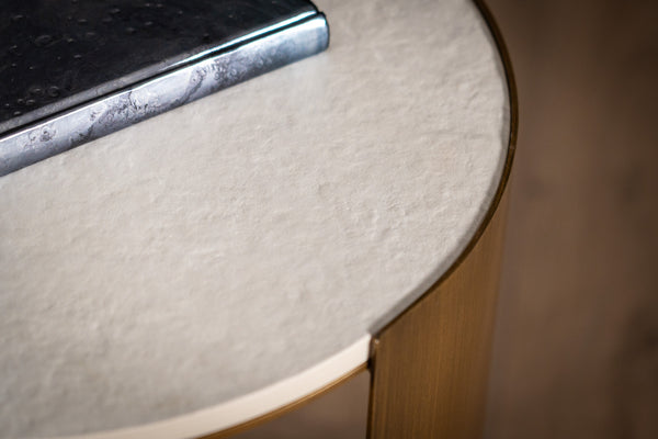 Petroio Italian Sintered Stone Round Side Table in White Concrete Gold Marble Look 40 cm