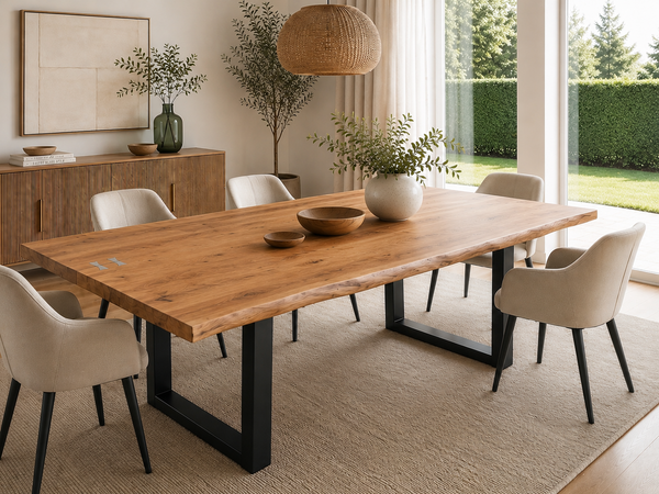 Solid Acacia Wood Iron Dining Table with Butterfly Inserts 220cm - Aspen Live Edge Light Brown