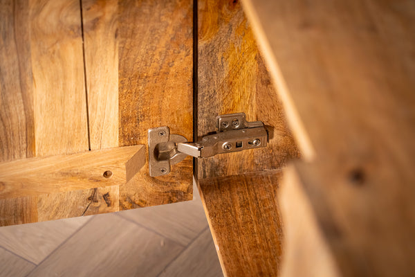 Sunset Handcrafted TV unit lowboard natural brown gold solid mango wood metal feet 180 cm