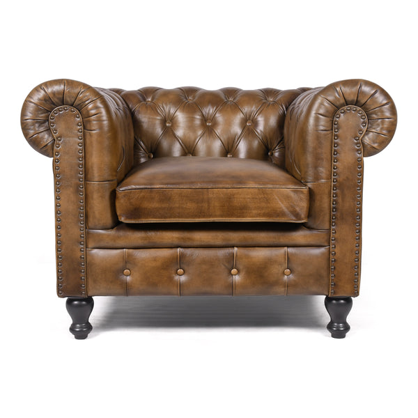Stratford Chesterfield Genuine Leather Armchair in Antique Brown with Black Wooden Legs
