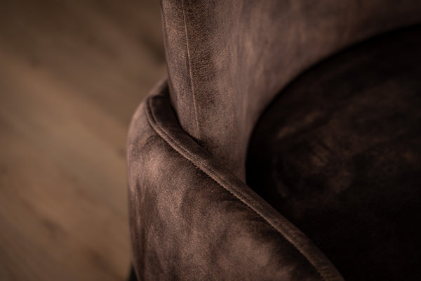 Milo Lounge Chair in Purple Grey Brown Velvet with Black Powder Coating Legs