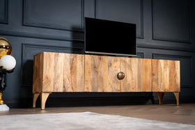 Sunset Handcrafted TV unit lowboard natural brown gold solid mango wood metal feet 180 cm