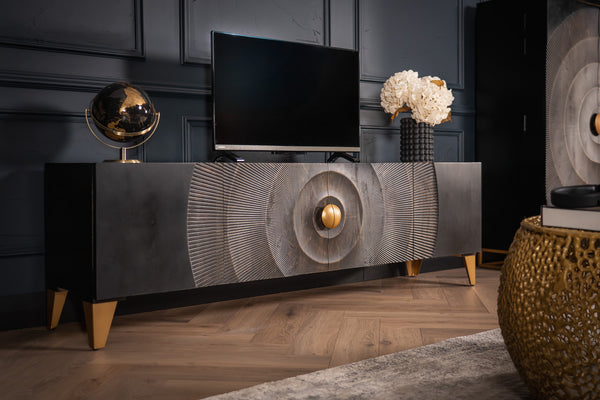 Sunset Handcrafted TV unit lowboard black gold solid mango wood metal feet 180 cm