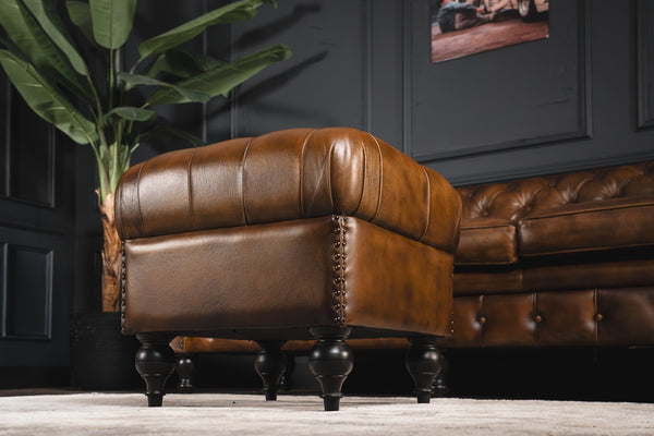 Stratford Chesterfield Genuine Leather Ottoman in Antique Brown and Black Wooden Legs