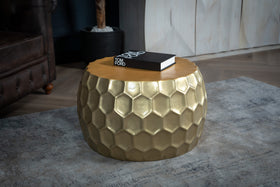 Round coffee table ORGANIC ORIENT 70cm gold metal hammered 3D design handmade