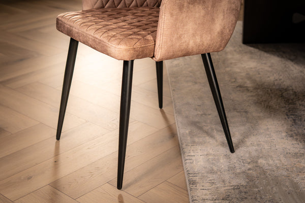 Glamour Elegant Beige Greige Champagne Velvet Chair with Decorative Quilting and Black Legs