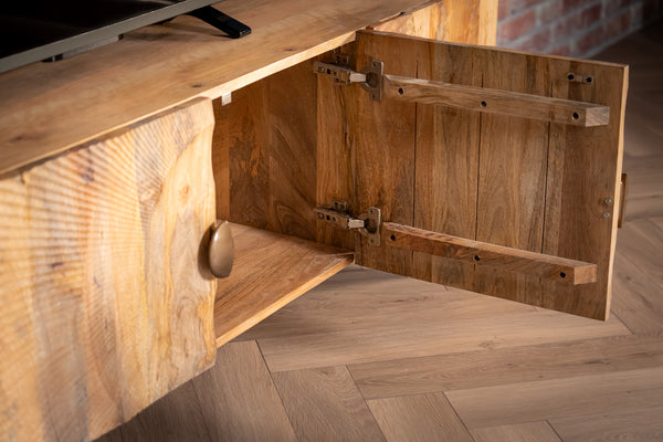 Sunset Handcrafted TV unit lowboard natural brown gold solid mango wood metal feet 180 cm