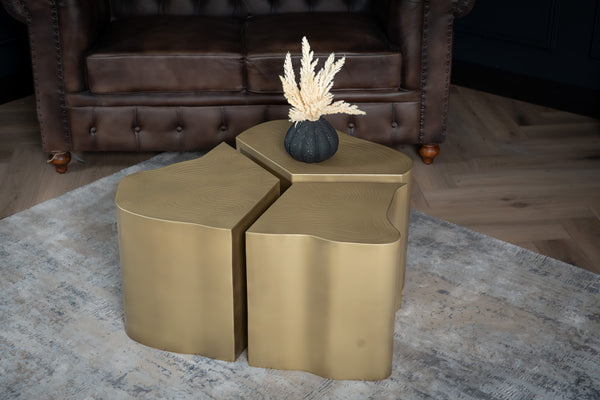 Organic Design Set of 3 Side Tables Brass Metal Tree Trunk Handmade Coffee Table 80 cm