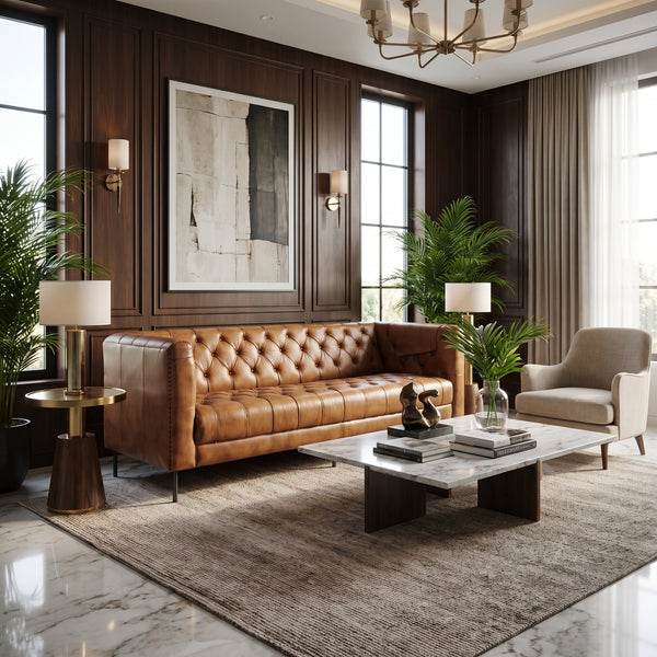 Chesterfield Genuine Leather Brown 3 Seater Sofa 200cm - Kensington