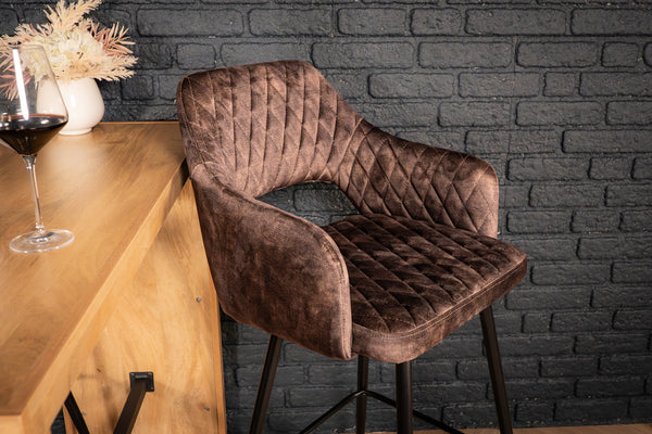 Glamour Elegant Grey Dark Brown Velvet Barstool with Black Coated Legs