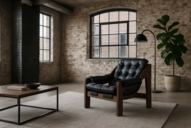 Bahamas Genuine Leather Lounge Armchair with Acacia Wood Frame