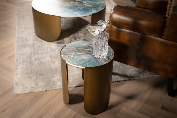Petroio Italian Sintered Stone Round Side Table in Crystal Blue Marble Look 40 cm