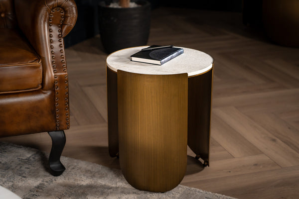 Petroio Italian Sintered Stone Round Side Table in White Concrete Gold Marble Look 40 cm