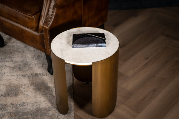 Petroio Italian Sintered Stone Round Side Table in White Concrete Gold Marble Look 40 cm