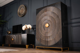 Sunset Handcrafted bar cabinet black gold solid mango wood metal frame 140 cm