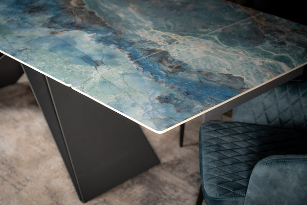 Apollo Extendable Italian Sintered Stone Dining Table in Crystal Blue Marble Look 180-220-260 cm