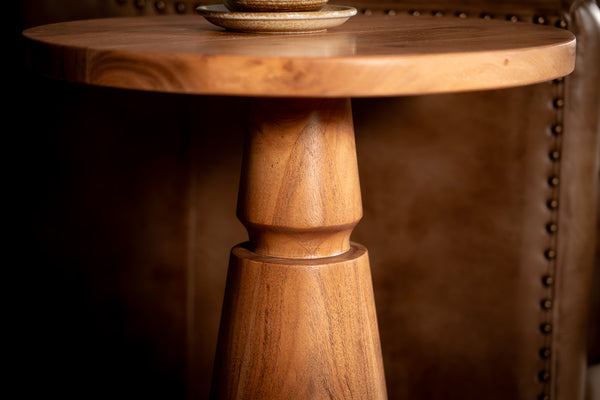 Solid Acacia Wood Side Table 40 cm with Sculptural Pedestal Base – Aria