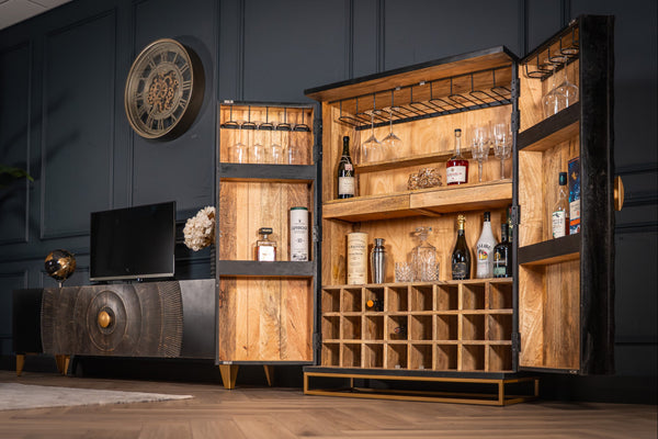 Sunset Handcrafted bar cabinet black gold solid mango wood metal frame 140 cm