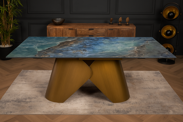Nemesis Extendable Italian Sintered Stone Dining Table in Crystal Blue Marble Look 180-220-260 cm