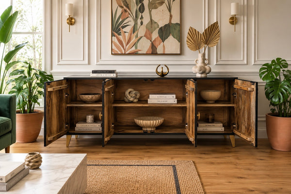 Solid Mango Wood Sideboard Black 177 cm – Sunset