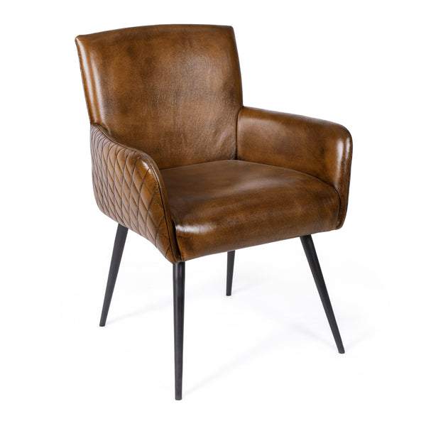 Hudson Genuine Leather Armchair Dining Chair in Antique Brown and Black Metal Legs