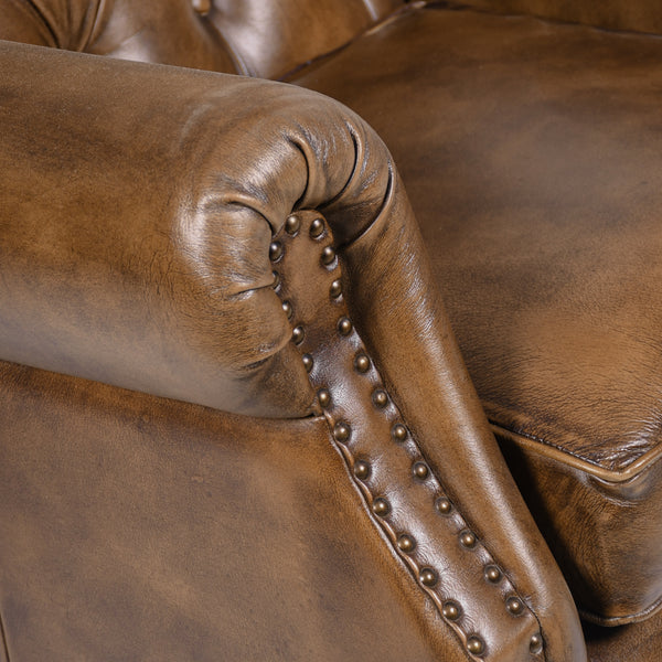 Wellington Chesterfield Genuine Leather Armchair in Antique Brown with Wooden Legs