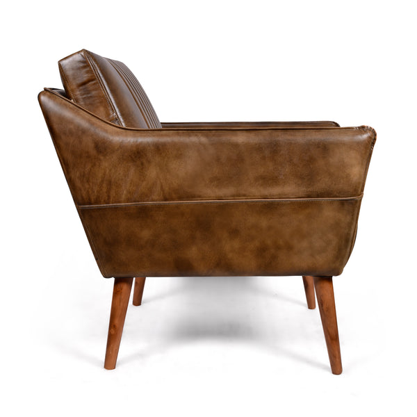 William Genuine Leather Armchair in Antique Brown with Wooden Legs