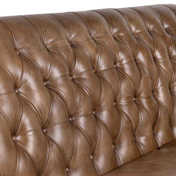 Sienna Lounge Tufted Leather 3-Seater Sofa in Vintage Brown with Wooden Legs 194 cm