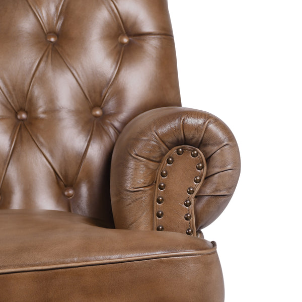 Sienna Lounge Tufted Leather 3-Seater Sofa in Vintage Brown with Wooden Legs 194 cm