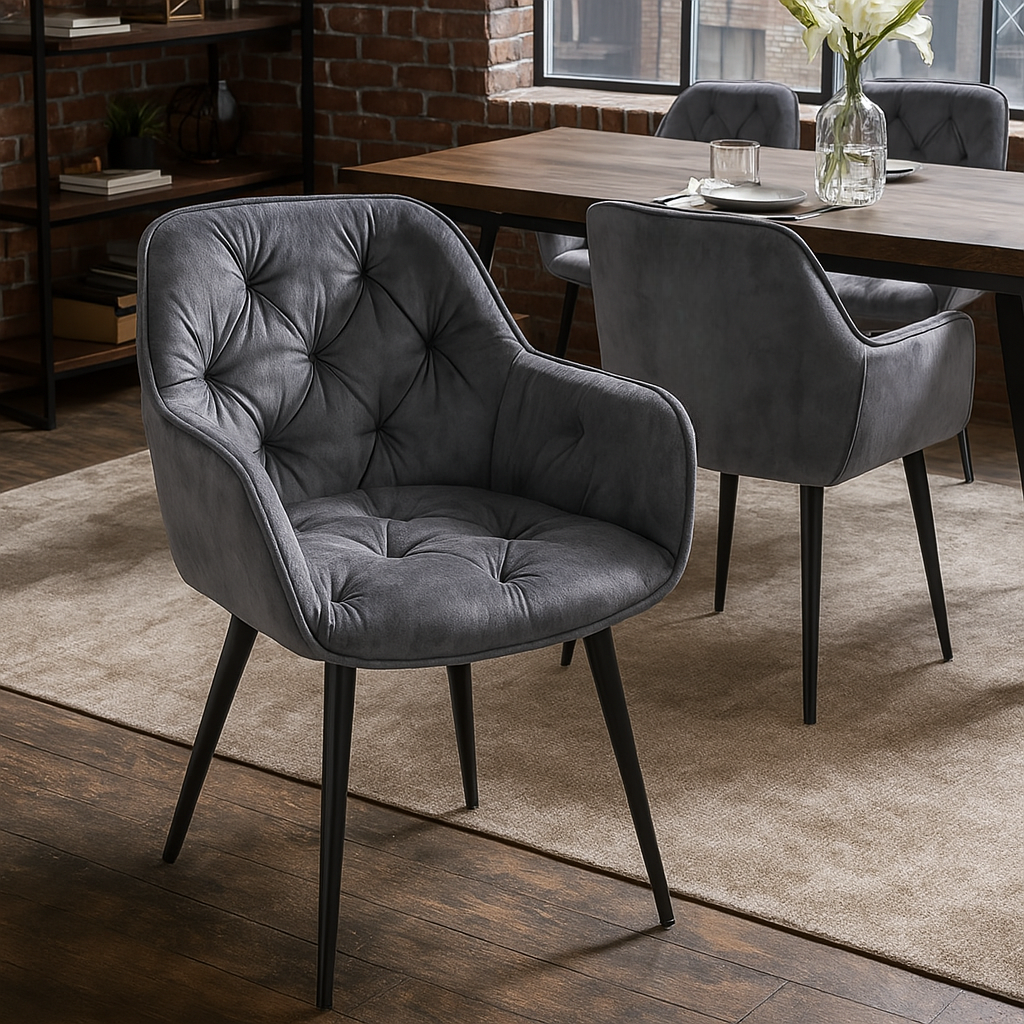 Milano Chesterfield Quilting Design Grey Velvet Dining Chair
