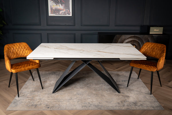 Apollo Extendable Italian Sintered Stone Dining Table in White Concrete Gold Marble Look 180-220-260 cm