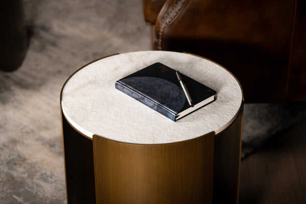 Petroio Italian Sintered Stone Round Side Table in White Concrete Gold Marble Look 40 cm