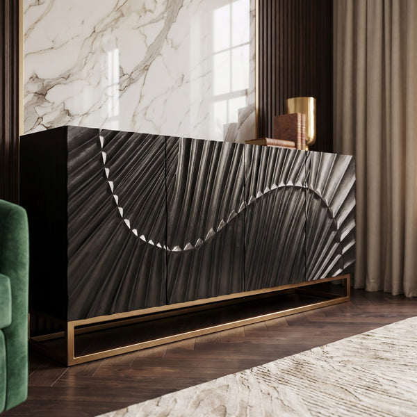 Solid Mango Wood Sideboard Black 177 cm – Scorpion 3D Carved Front