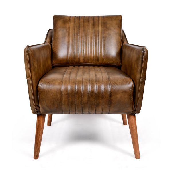 William Genuine Leather Armchair in Antique Brown with Wooden Legs
