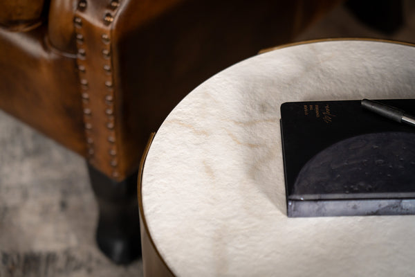 Petroio Italian Sintered Stone Round Side Table in White Concrete Gold Marble Look 40 cm