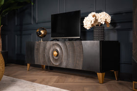 Sunset Handcrafted TV unit lowboard black gold solid mango wood metal feet 180 cm