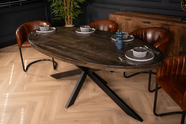 Galaxie Industrial Solid Mango Wood Oval Dining Table in Dark Brown Grey with Black Spider Legs 180