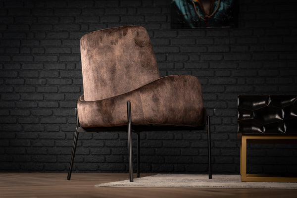Milo Lounge Chair in Purple Grey Brown Velvet with Black Powder Coating Legs
