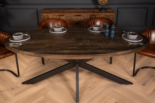 Galaxie Industrial Solid Mango Wood Oval Dining Table in Dark Brown Grey with Black Spider Legs 200 cm