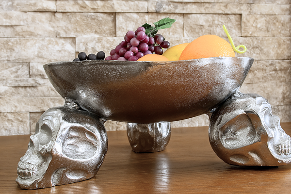 Design decorative bowl SKULL 35cm silver aluminum skull
