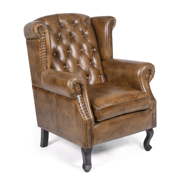 Wellington Chesterfield Genuine Leather Armchair in Antique Brown with Wooden Legs