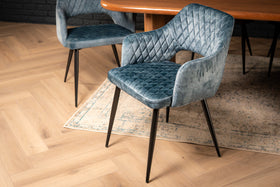 Glamour Petrol Blue Velvet Chair with Decorative Quilting and Black Legs