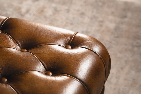 Stratford Chesterfield Genuine Leather Ottoman in Antique Brown and Black Wooden Legs